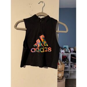 Adidas Women Black Quarter Zip Mock Neck Sleeveless Crop Top Camo Logo XS
